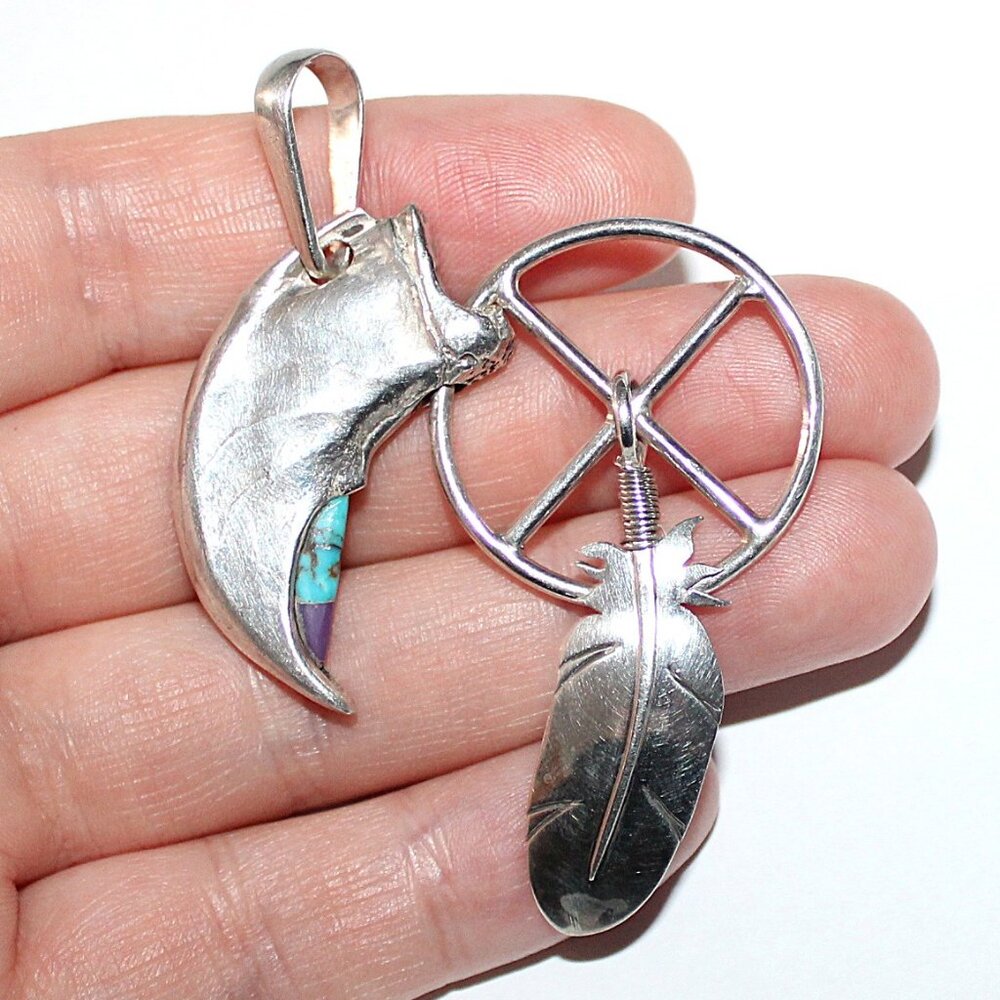 Vintage Sterling Silver Eagle Claw Feather Medicine Wheel Pendant 18 Grams - Picture 4 of 4